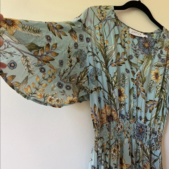 Petal and Pup Sz S Blue Floral Maxi Flutter Sleeve Ruched Waist V-Neck Sundress - Picture 6 of 9